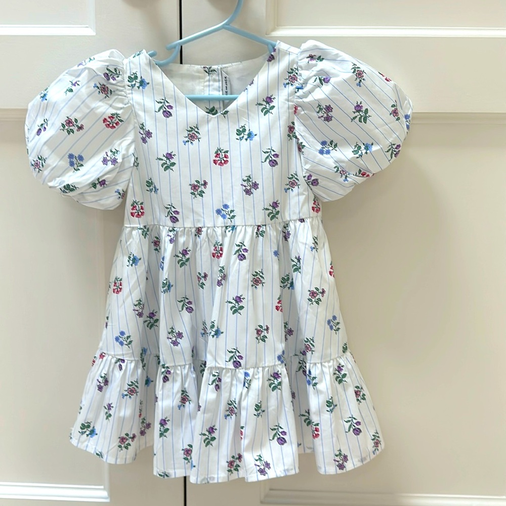 Janie & Jack FLORAL STRIPE BUBBLE SLEEVE DRESS 2T